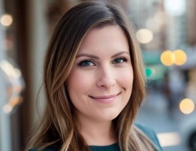 Woman with brown hair in a dark green sweater with lights in the background.