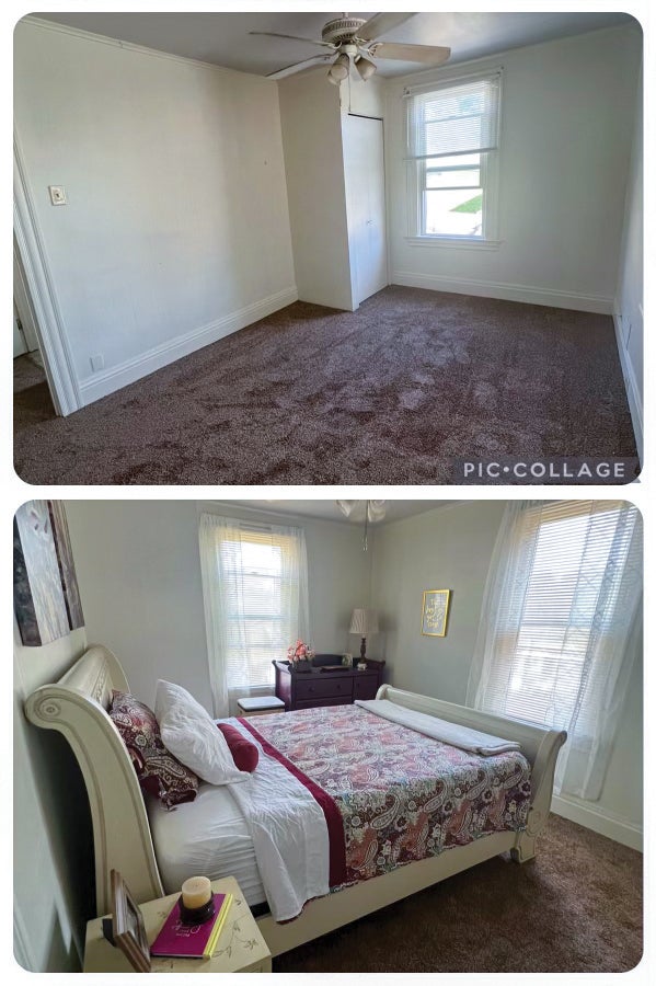 Before and after photos of a bedroom. The first photo is unfurnished. The second photo of a neatly decorated room with a full sized bed, with red sheets, a dresser and nightstand.
