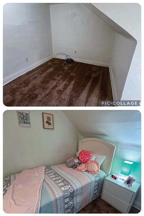 Before and after photos of a bedrooms. The first photo is unfurnished, the second photo features a twin bed made up with cute bedding and a nightstand table.