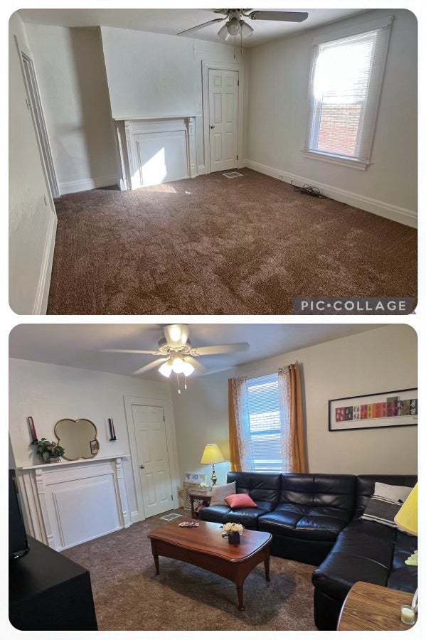 Before and after of a living room space. The first photo unfurnished and the second photo furnished with a couch, decorations and a coffee table.