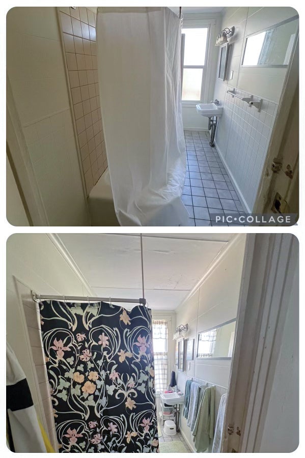 Before and after photo comparisons of a bathroom, featuring a shower and sink.