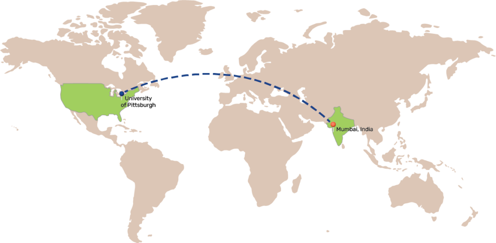 Map of the world showing a dashed line between the University of Pittsburgh and Mumbai, India