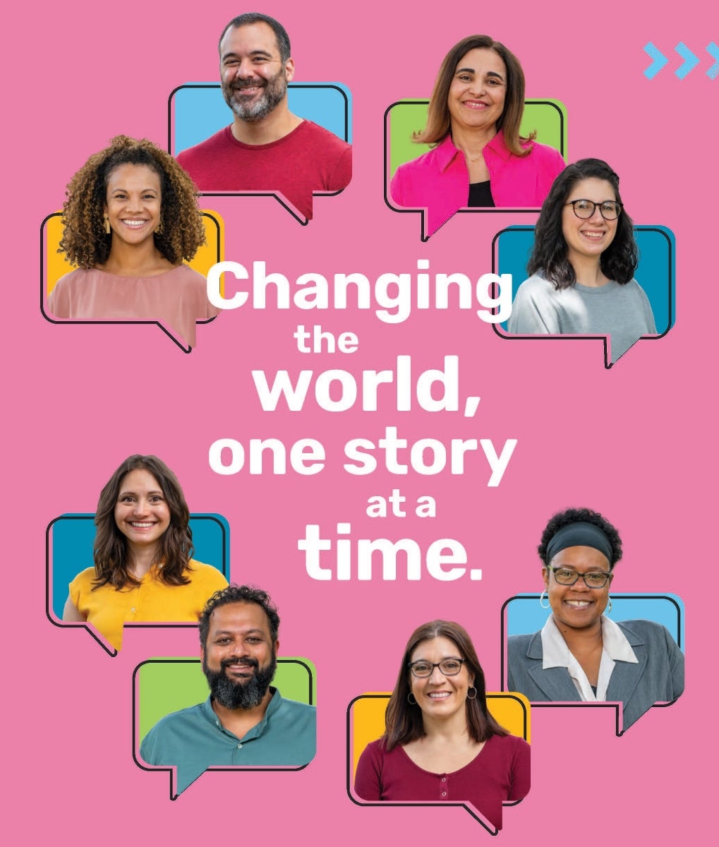 A graphic shows headshots of eight people with the words "Changing the world, one story at a time."