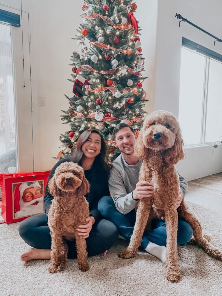 A man and woman sit in front of a Christmas tree smiling at the camera while holding two large, curly haired dogs