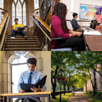 Four photos of students learning in different university environments