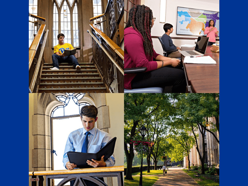 Four photos of students learning in different university environments