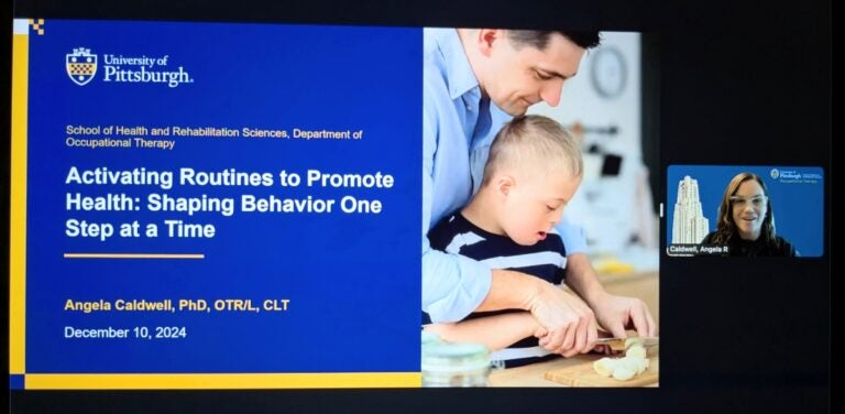 A presentation screen with the title "Activating routines to promote health: shaping behavior one step at a time"