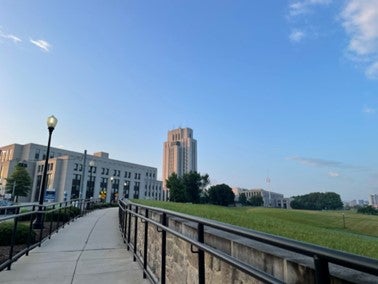 A walkway leads to a set of buildings in the background