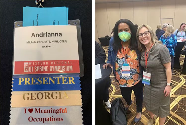 Left: a name tag listing Andrianna. Right: A woman with dark hair wearing a blue and green face mask, a denim cardigan and a blue and orange floral shirt standing with a blonde woman wearing a brown dress.