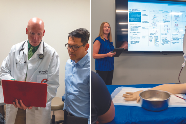 On the left: an image of a man in a white lab coat pointing to a screen while a man with brown hair and a blue collared shirt looks at the screen. On the right: A woman with blonde hair wearing a dark blue blouse stands in front of a screen and points.