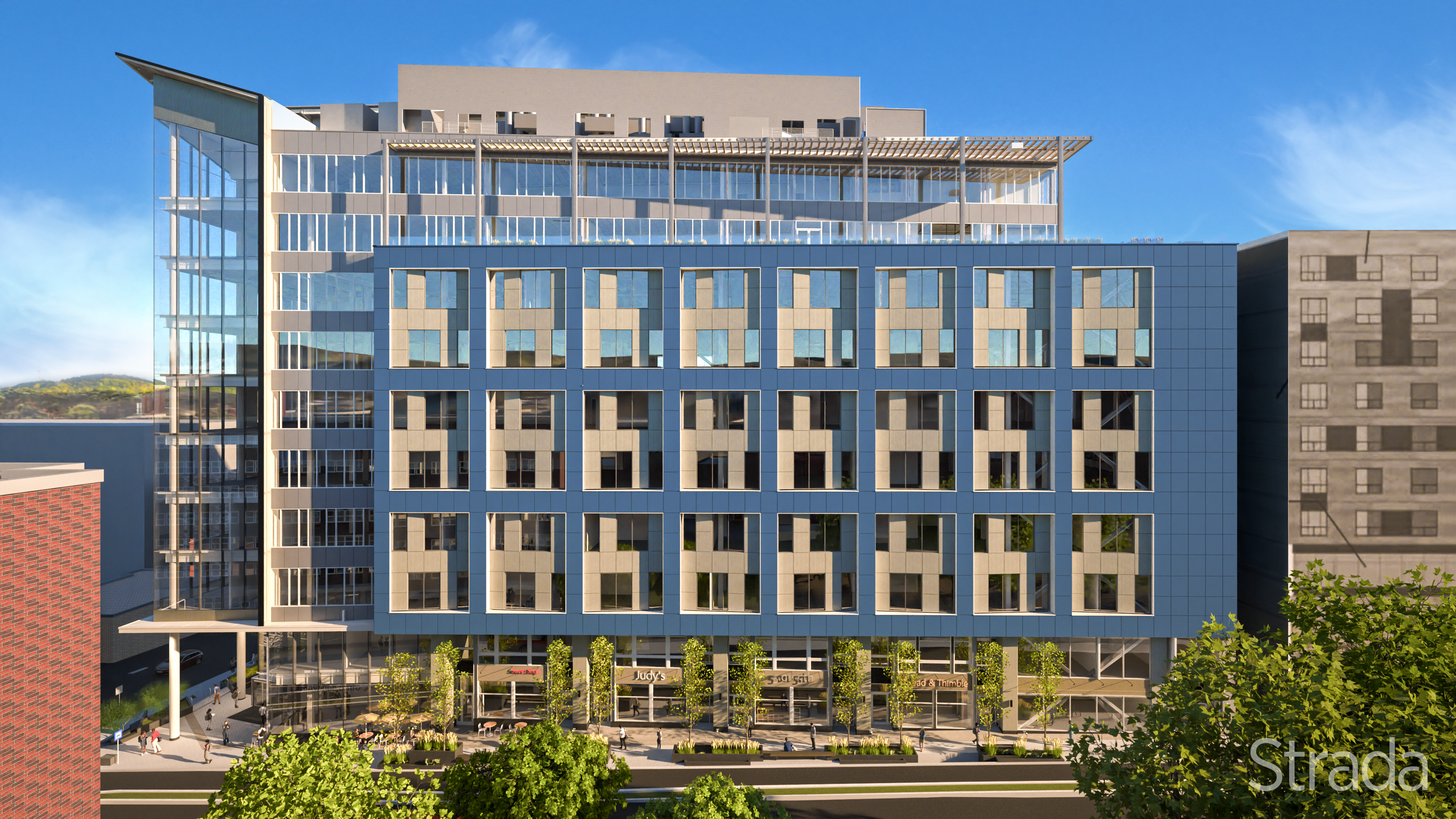 Rendering of a building with numerous glass windows and a blue exterior.