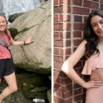 One woman with her hair in a braid wearing a pink shirt and black shorts near a waterfall and another woman with brown hair wearing a peach dress.