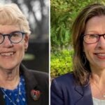 Left: A woman with blonde short hair wearing a black blazer over a dark blue blouse and dark blue glasses. Right: A woman with short brown hair wearing a navy blue blazer over a white blouse with black glasses.